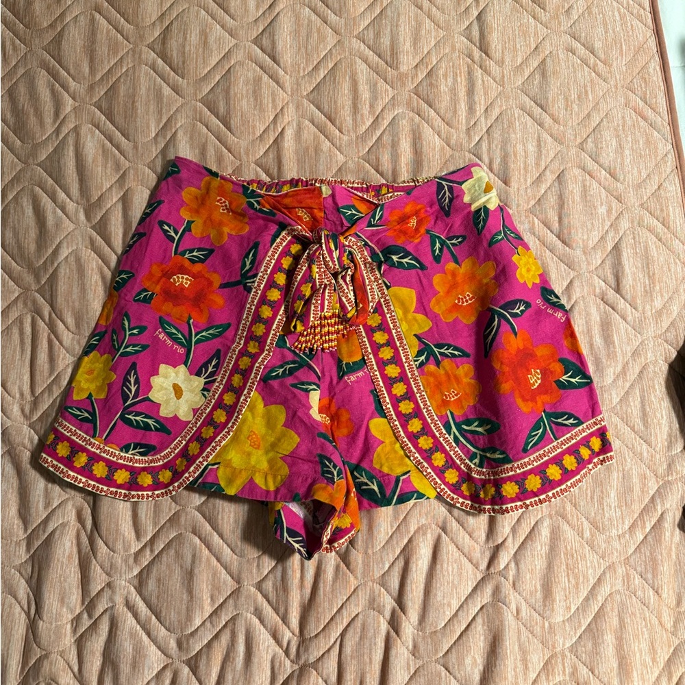 FARM Rio Magenta High-Waist Floral Shorts with Yellow & Orange Blooms
